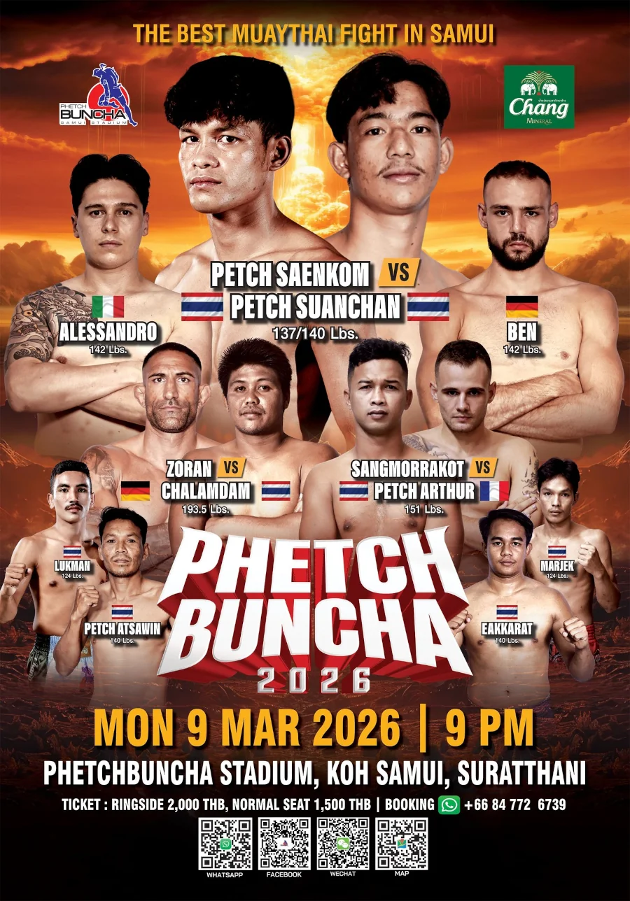 Phetchbuncha Boxing Stadium Fight Card 9 March 2026